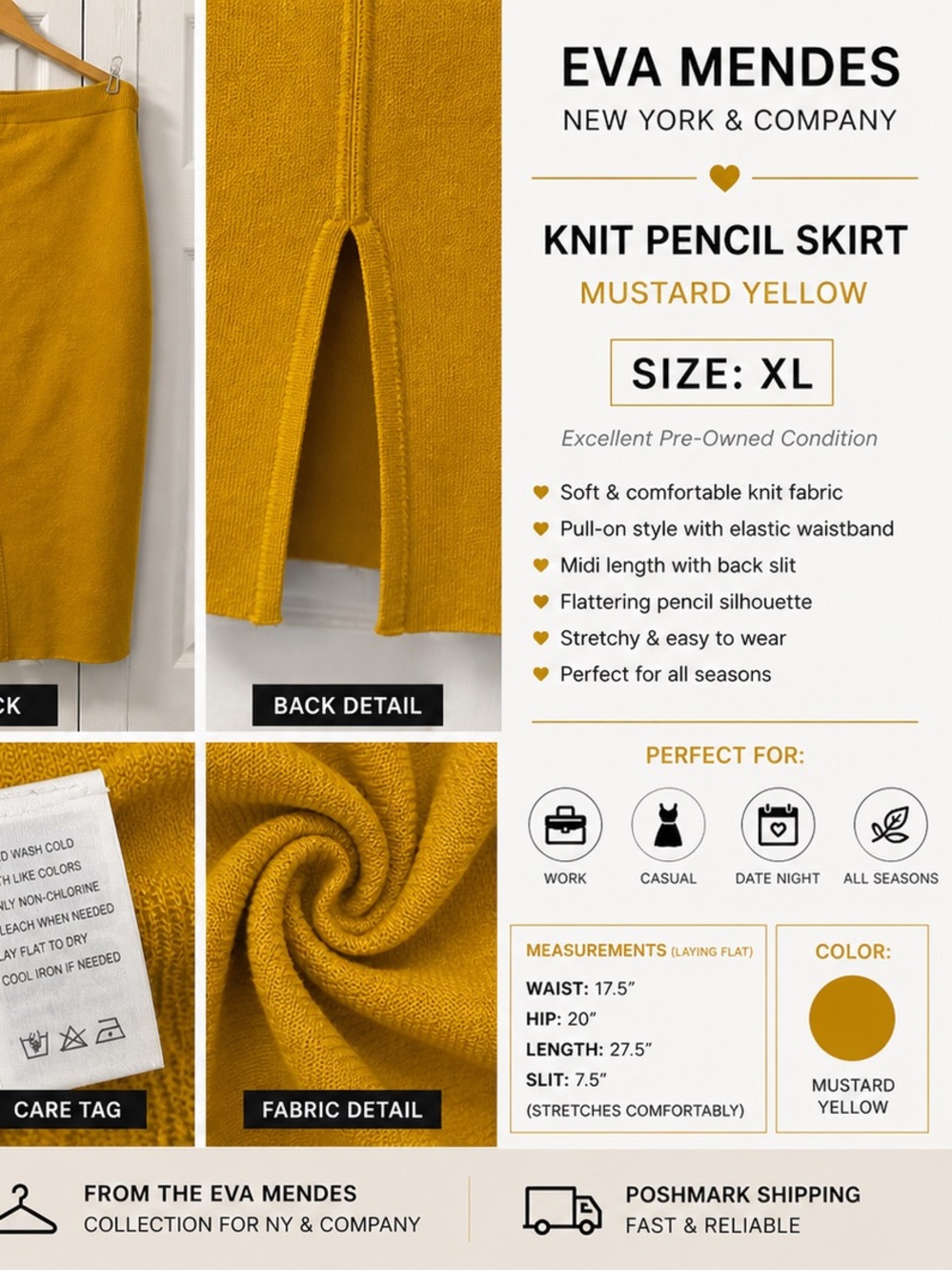 eva mendes for New York & Company Mustard Knit Midi Pencil Skirt with Front Slit - Picture 3 of 3